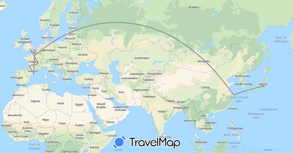 TravelMap itinerary: plane in China, Spain, France, United Kingdom, Japan (Asia, Europe)